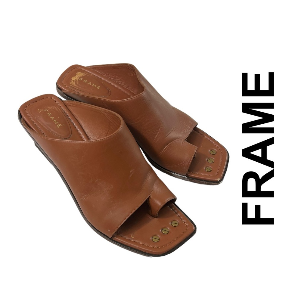 Frame Denim Brown Leather Open-Toe Slide Heels